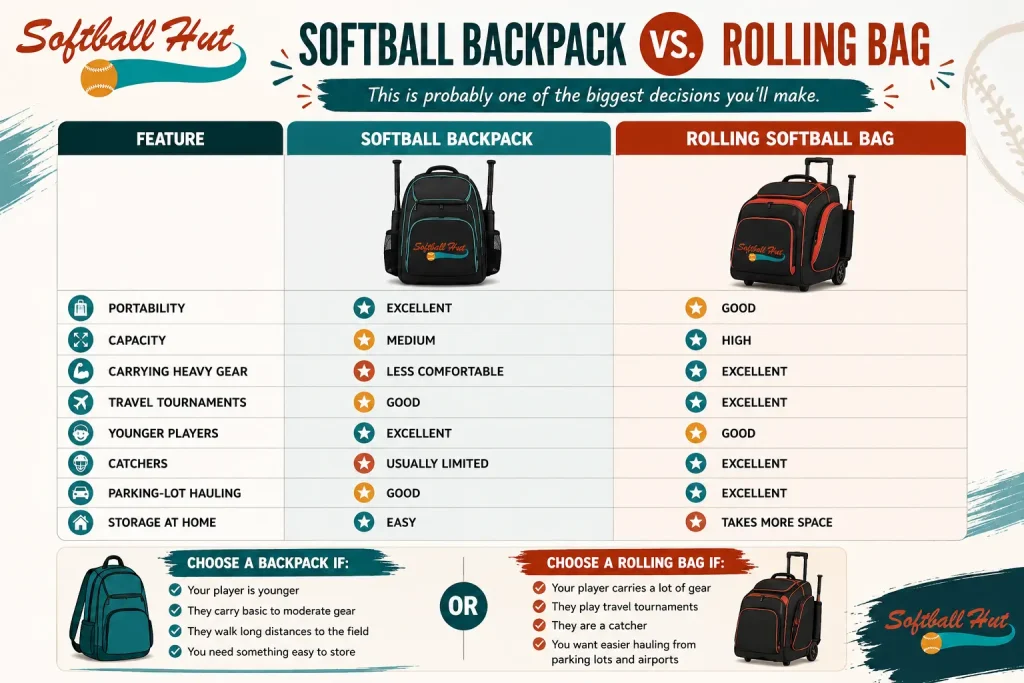 softball backpack vs rolliing bag difference